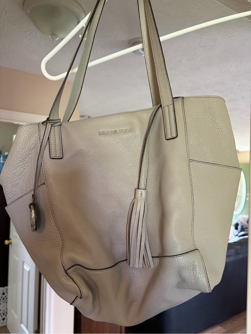 MICHAEL KORS Grey Pebble Leather Tote with Tassel